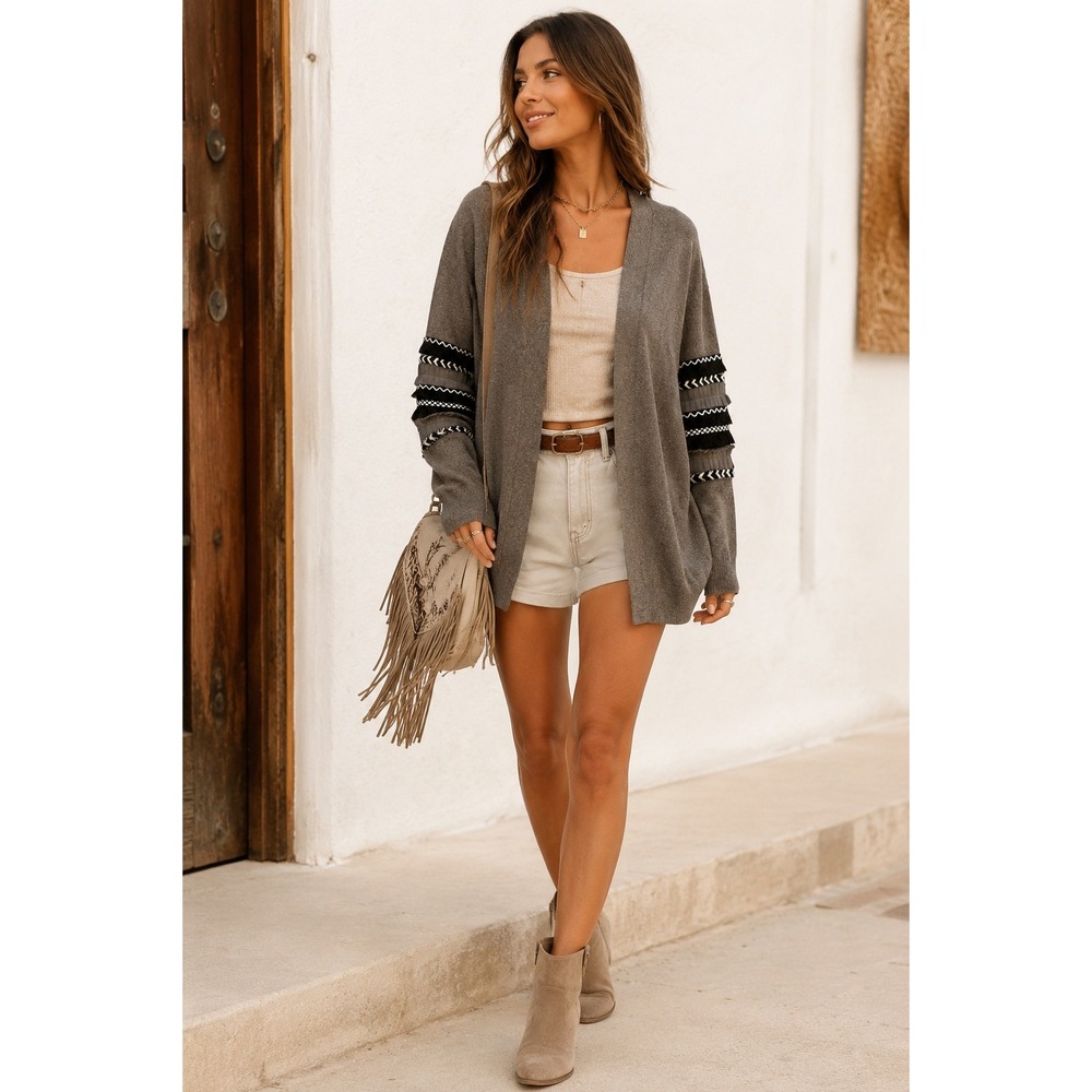 THML Knit‎ Cardigan Sweater Fringe Detail Gray S Boho-Chic